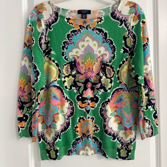 GORGEOUS VINTAGE CHAPS GREEN FLORAL 100% COTTON SWEATER TOP - Picture 2 of 7